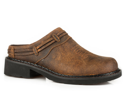 Roper Womens Mule On Chunk Outsole Brown Crazy Horse Leather With Laced Saddle Va