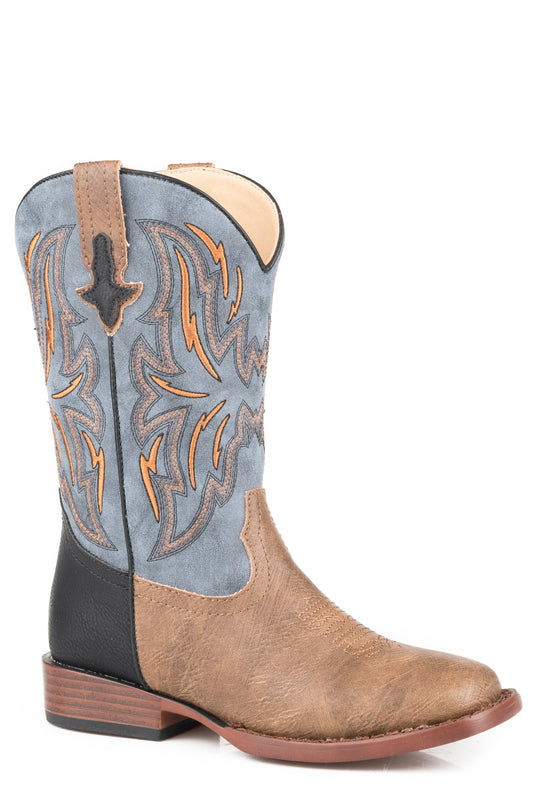 Roper Big Boys Tan Vamp With Black Heel Counter Boot  Vintage Blue Shaft